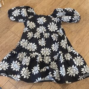 Black Sunflower Puff-Sleeve Girls Dress